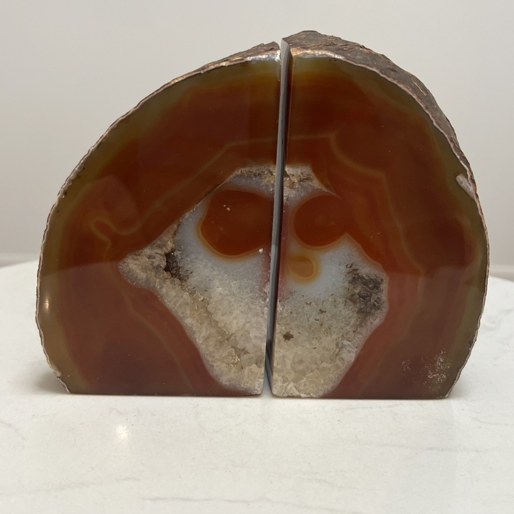 Agate Geode Bookends Pair Red Brown Banded Stone Polished Crystal Centers